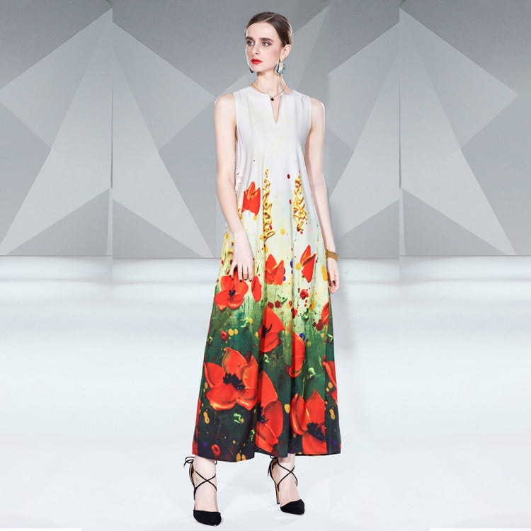 V Neck Sleeveless Floral Print Maxi Dress, Size: