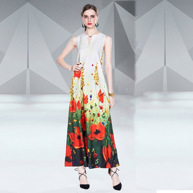 V Neck Sleeveless Floral Print Maxi Dress, Size:
