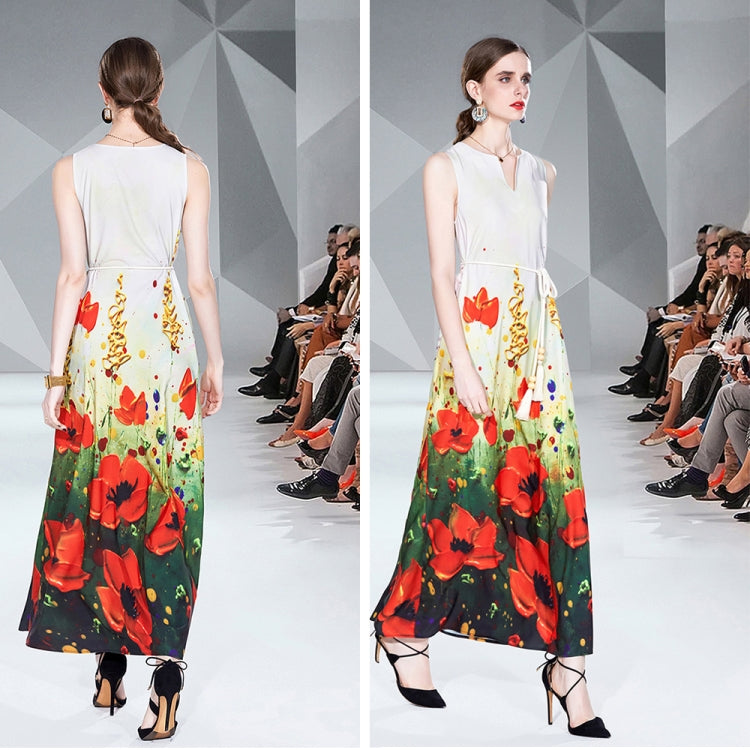 V Neck Sleeveless Floral Print Maxi Dress, Size: