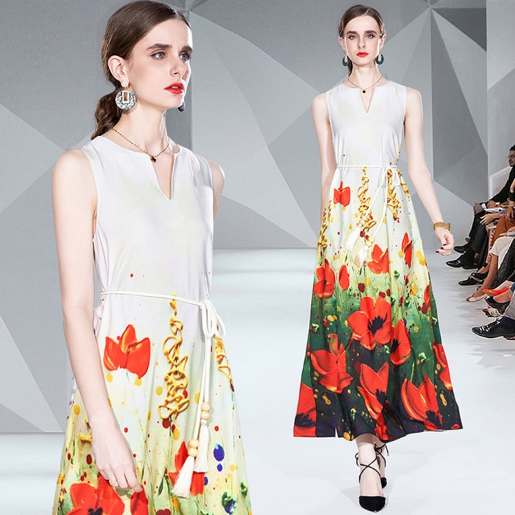 V Neck Sleeveless Floral Print Maxi Dress, Size:
