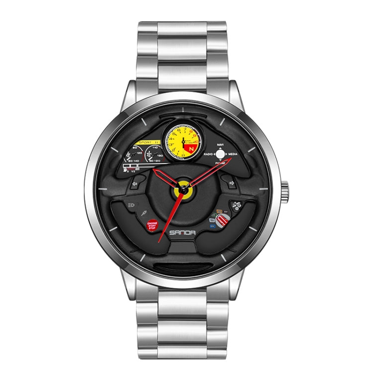 SANDA 1085 Steering Wheel Hollow Dial Waterproof Quartz Watch, Style:Steel Band