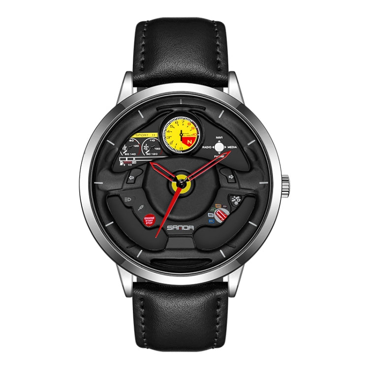 SANDA 1085 Steering Wheel Hollow Dial Waterproof Quartz Watch, Style:Leather Band