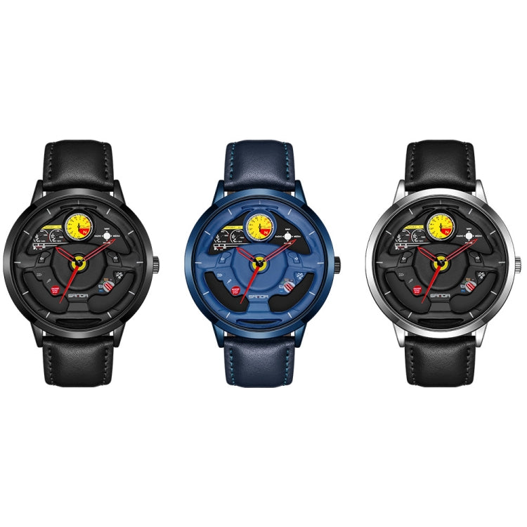 SANDA 1085 Steering Wheel Hollow Dial Waterproof Quartz Watch, Style:Leather Band