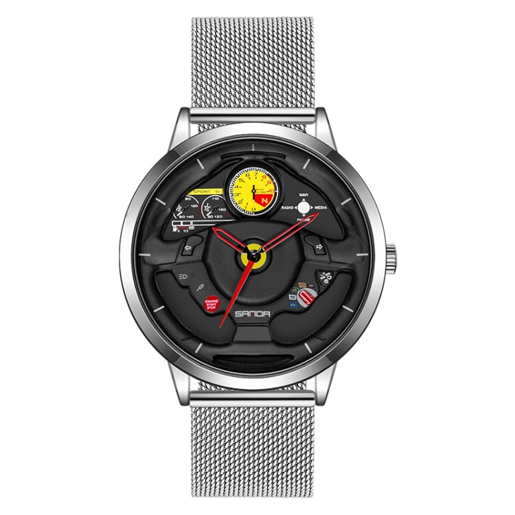 SANDA 1085 Steering Wheel Hollow Dial Waterproof Quartz Watch, Style:Mesh Band