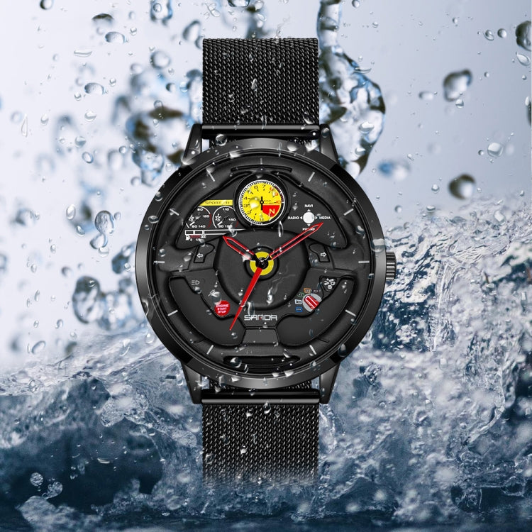 SANDA 1085 Steering Wheel Hollow Dial Waterproof Quartz Watch, Style:Mesh Band