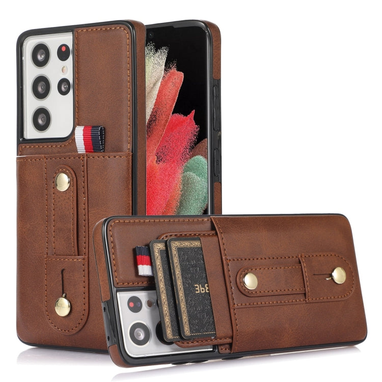 For Samsung Galaxy S21 Ultra 5G Wristband Kickstand Wallet Leather Phone Case