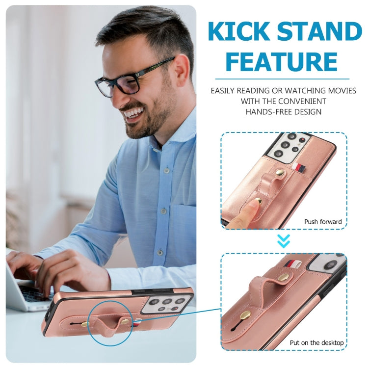 For Samsung Galaxy S21 Ultra 5G Wristband Kickstand Wallet Leather Phone Case