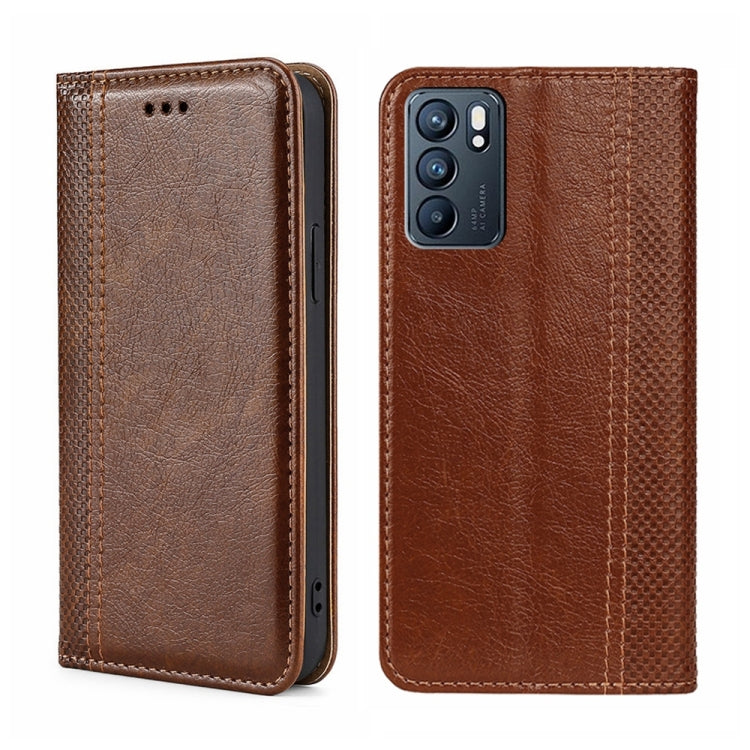 For OPPO Reno6 5G Grid Texture Magnetic Flip Leather Phone Case