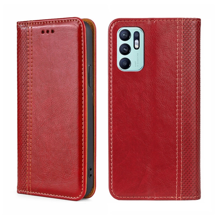 For OPPO Reno6 4G Grid Texture Magnetic Flip Leather Phone Case