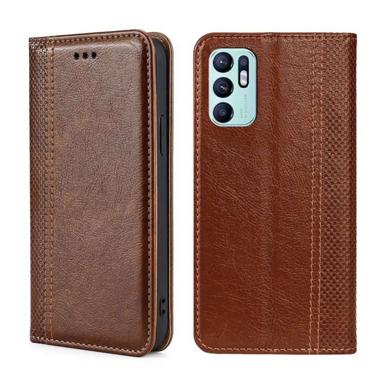 For OPPO Reno6 4G Grid Texture Magnetic Flip Leather Phone Case
