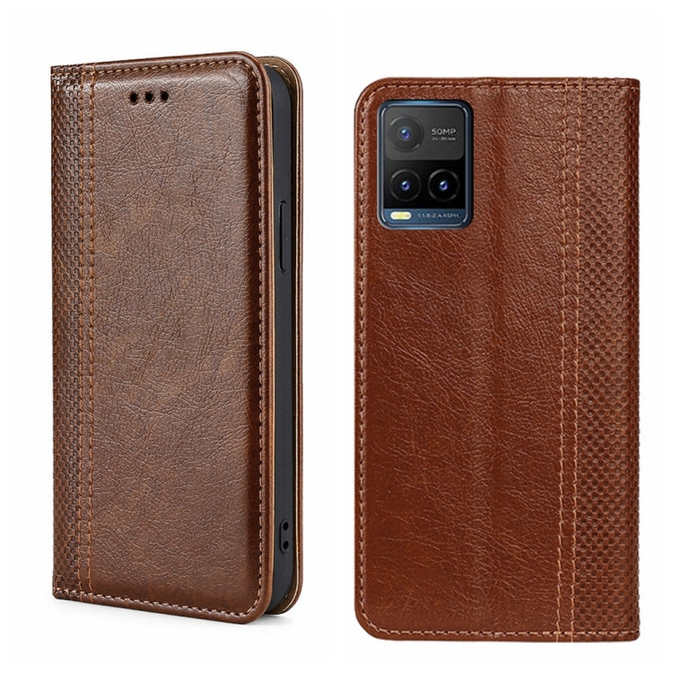 For vivo Y21/Y21s/Y33s Grid Texture Magnetic Flip Leather Phone Case
