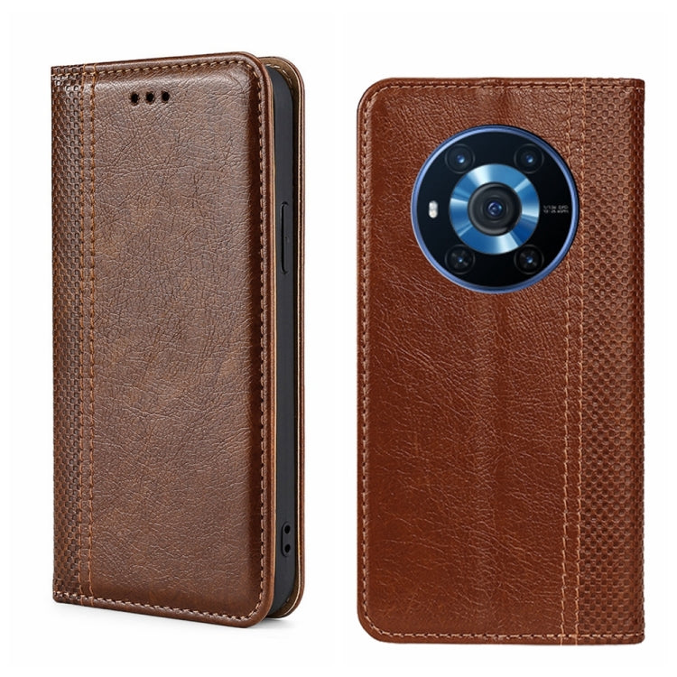 For Honor Magic3 Grid Texture Magnetic Flip Leather Phone Case