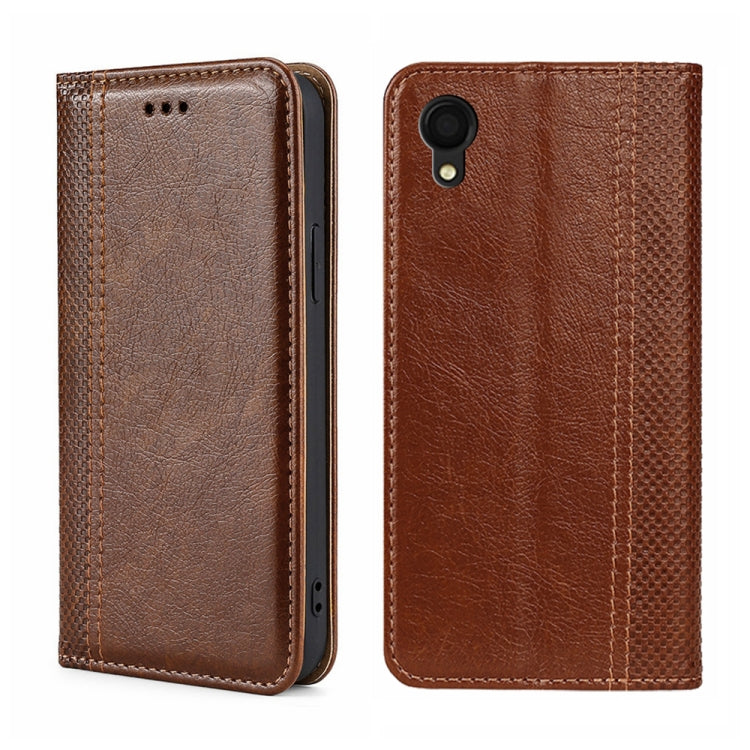For Samsung Galaxy A22 5G JP Version Grid Texture Magnetic Flip Leather Phone Case