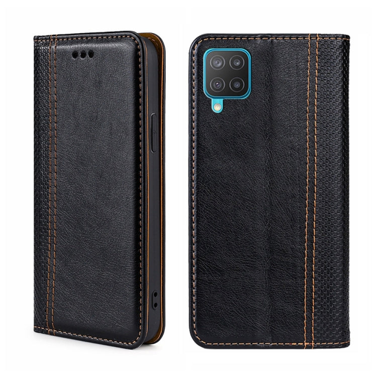 For Samsung Galaxy M12/F12 Grid Texture Magnetic Flip Leather Phone Case