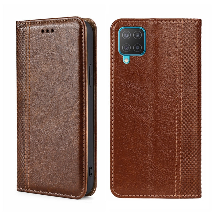 For Samsung Galaxy M12/F12 Grid Texture Magnetic Flip Leather Phone Case