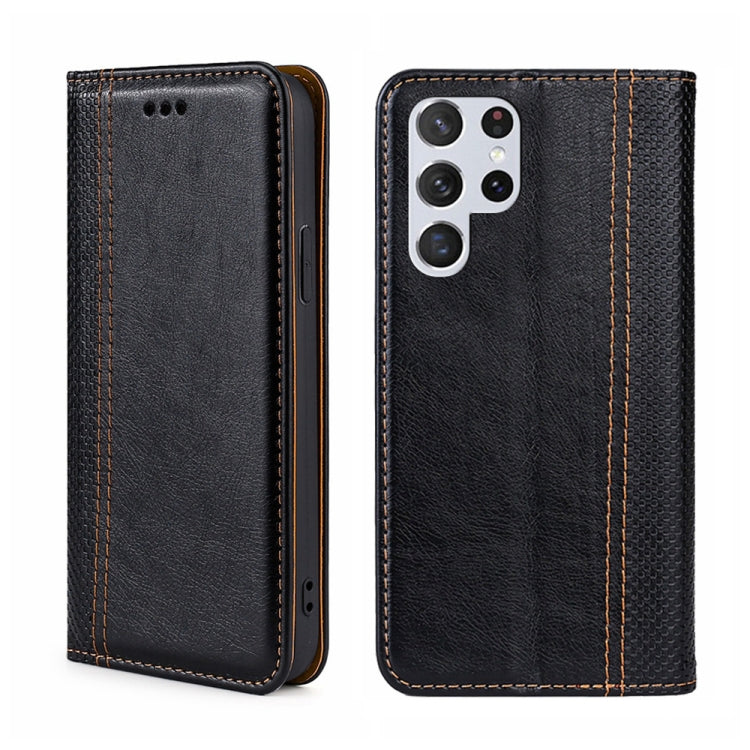 For Samsung Galaxy S22 Ultra 5G Grid Texture Magnetic Flip Leather Phone Case
