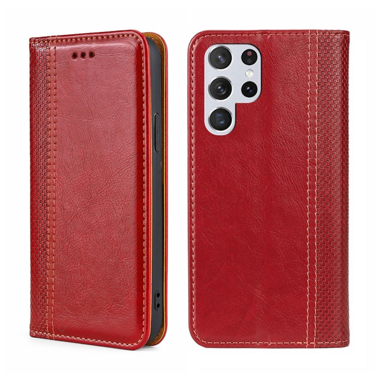 For Samsung Galaxy S22 Ultra 5G Grid Texture Magnetic Flip Leather Phone Case
