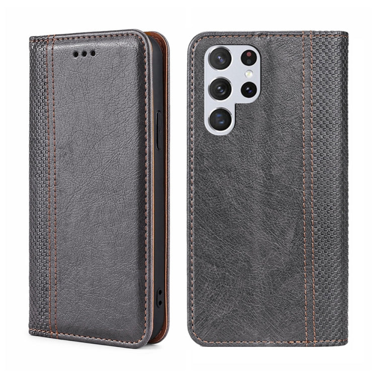 For Samsung Galaxy S22 Ultra 5G Grid Texture Magnetic Flip Leather Phone Case