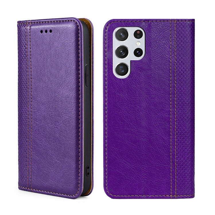 For Samsung Galaxy S22 Ultra 5G Grid Texture Magnetic Flip Leather Phone Case