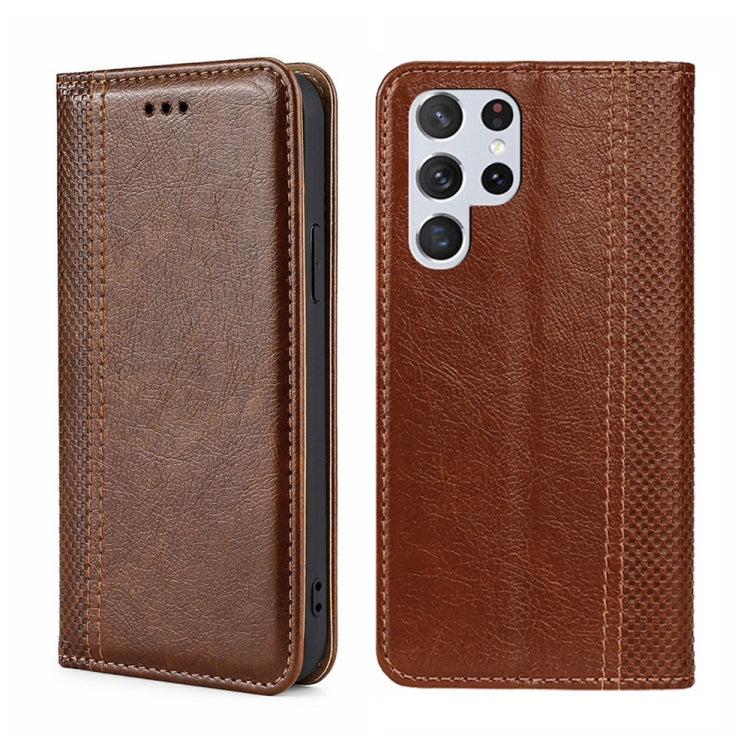 For Samsung Galaxy S22 Ultra 5G Grid Texture Magnetic Flip Leather Phone Case