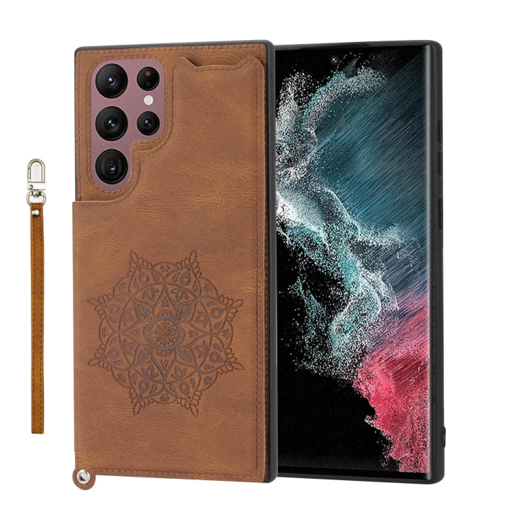 For Samsung Galaxy S22 Ultra Mandala Embossed PU + TPU Phone Case with Holder