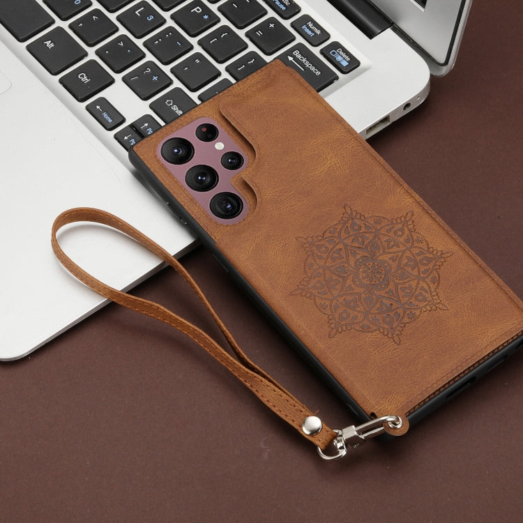 For Samsung Galaxy S22 Ultra Mandala Embossed PU + TPU Phone Case with Holder