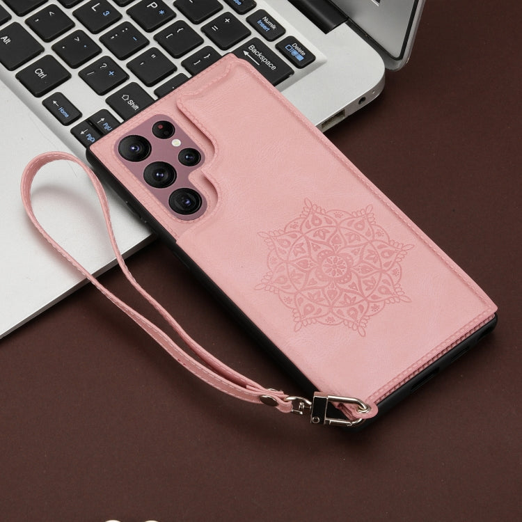 For Samsung Galaxy S22 Ultra Mandala Embossed PU + TPU Phone Case with Holder