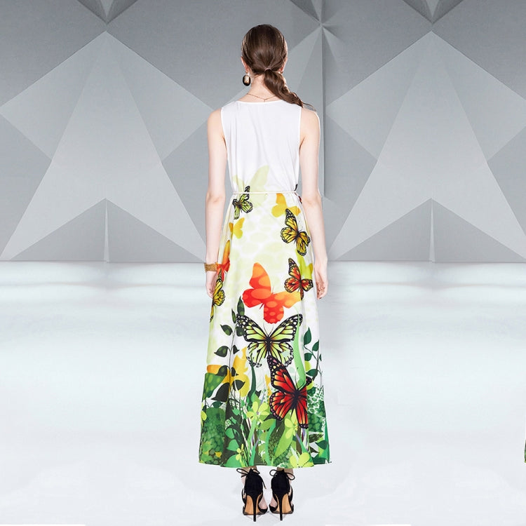 V Neck Sleeveless Butterfly Floral Print Maxi Dress, Size: