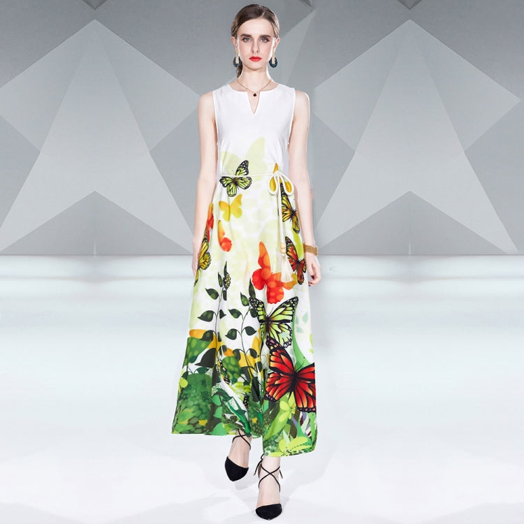 V Neck Sleeveless Butterfly Floral Print Maxi Dress, Size: