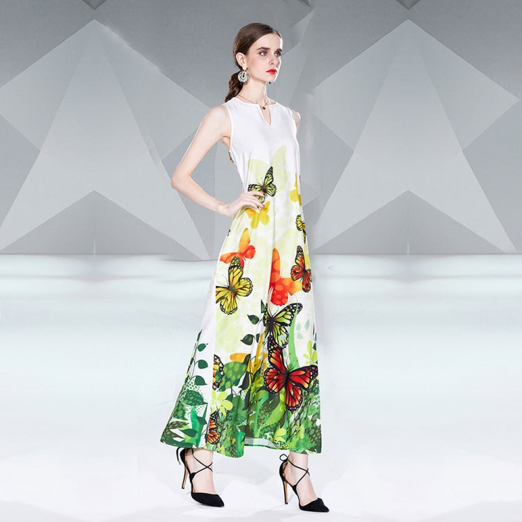 V Neck Sleeveless Butterfly Floral Print Maxi Dress, Size: