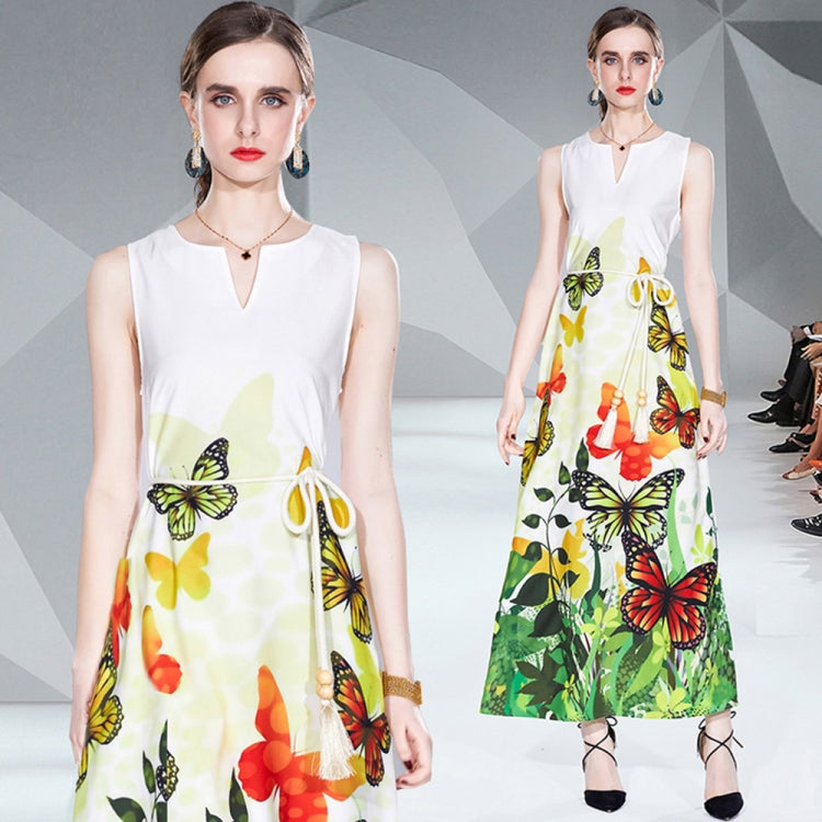 V Neck Sleeveless Butterfly Floral Print Maxi Dress, Size: