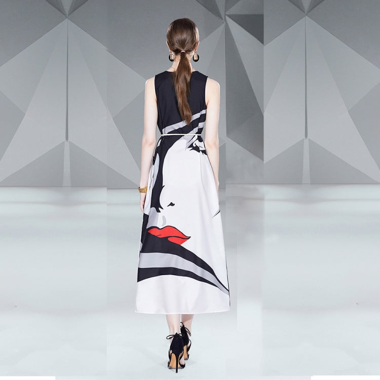 V Neck Sleeveless Face Floral Print Maxi Dress, Size: