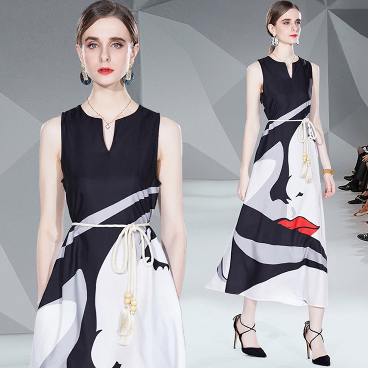 V Neck Sleeveless Face Floral Print Maxi Dress, Size: