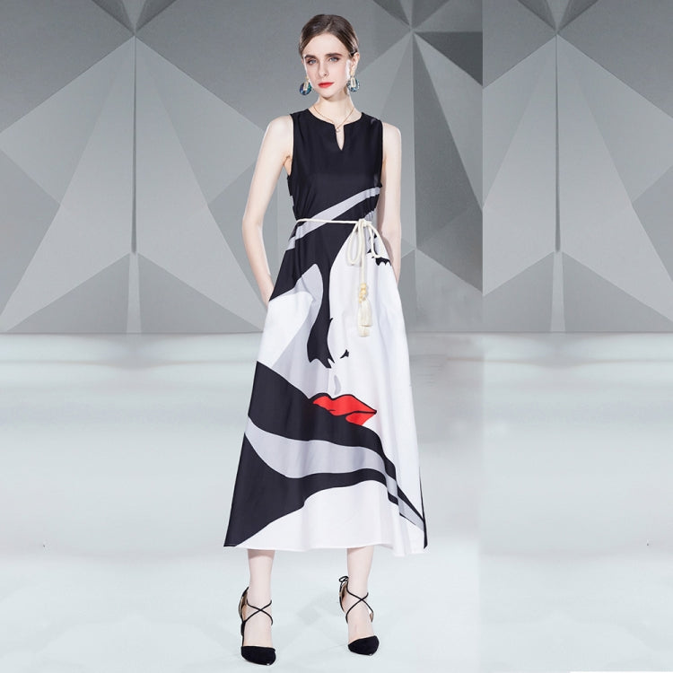 V Neck Sleeveless Face Floral Print Maxi Dress, Size: