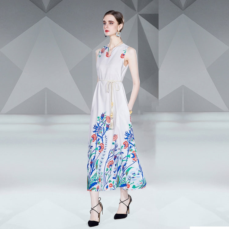 V Neck Sleeveless Floral Print Maxi Dress, Size: