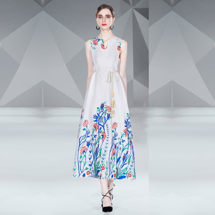V Neck Sleeveless Floral Print Maxi Dress, Size: