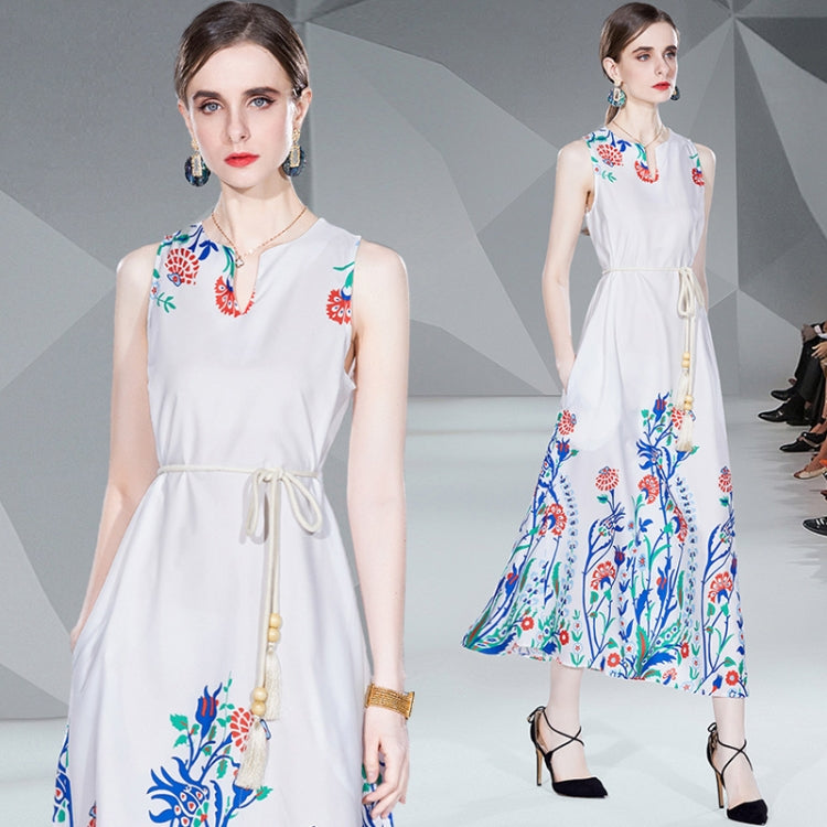 V Neck Sleeveless Floral Print Maxi Dress, Size: