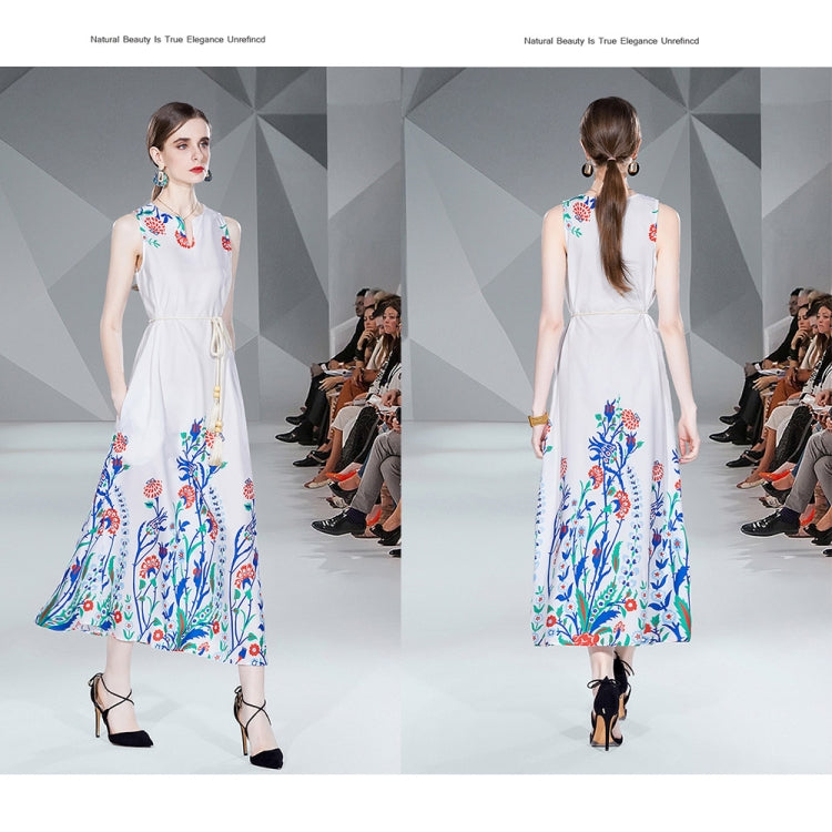 V Neck Sleeveless Floral Print Maxi Dress, Size: