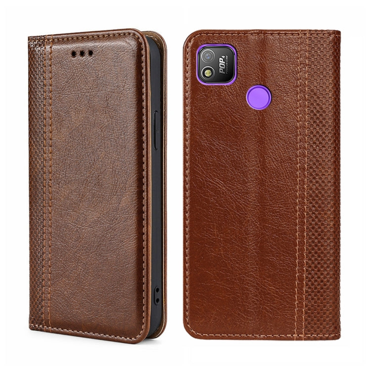 For Tecno Pop 4 Grid Texture Magnetic Flip Leather Phone Case