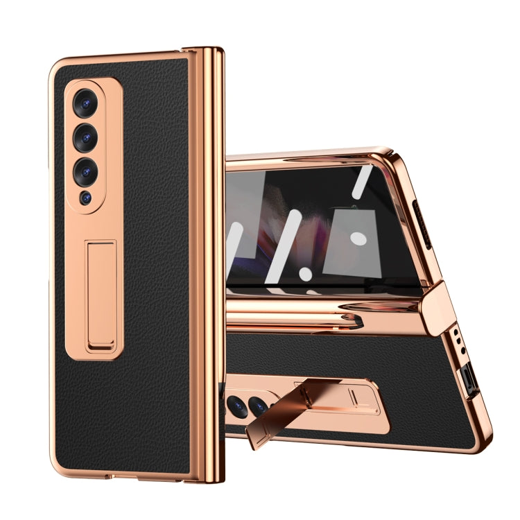 For Samsung Galaxy Z Fold3 5G Litchi Texture Leather Hinged Electroplated Phone Case with S Pen Fold Edition & Protective Film