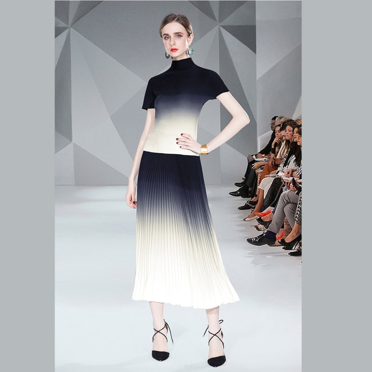 Gradient Smudge Top Shirt Long Pleated Flowy Skirt Two Piece Set, Size: