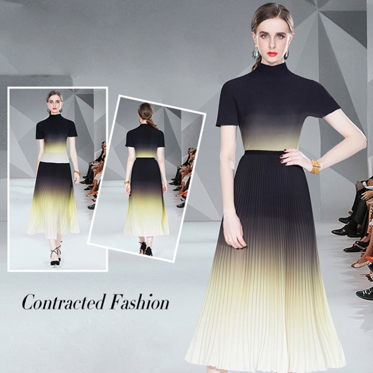 Gradient Smudge Top Shirt Long Pleated Flowy Skirt Two Piece Set, Size: