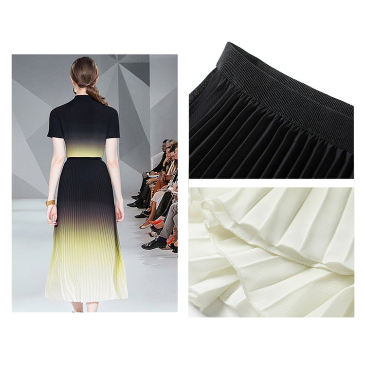 Gradient Smudge Top Shirt Long Pleated Flowy Skirt Two Piece Set, Size: