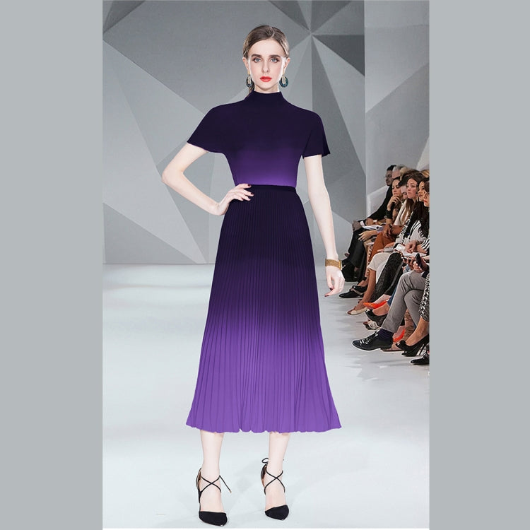 Gradient Smudge Top Shirt Long Pleated Flowy Skirt Two Piece Set, Size: