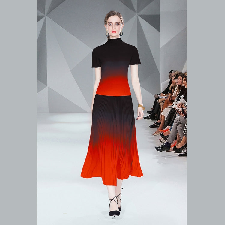 Gradient Smudge Top Shirt Long Pleated Flowy Skirt Two Piece Set, Size: