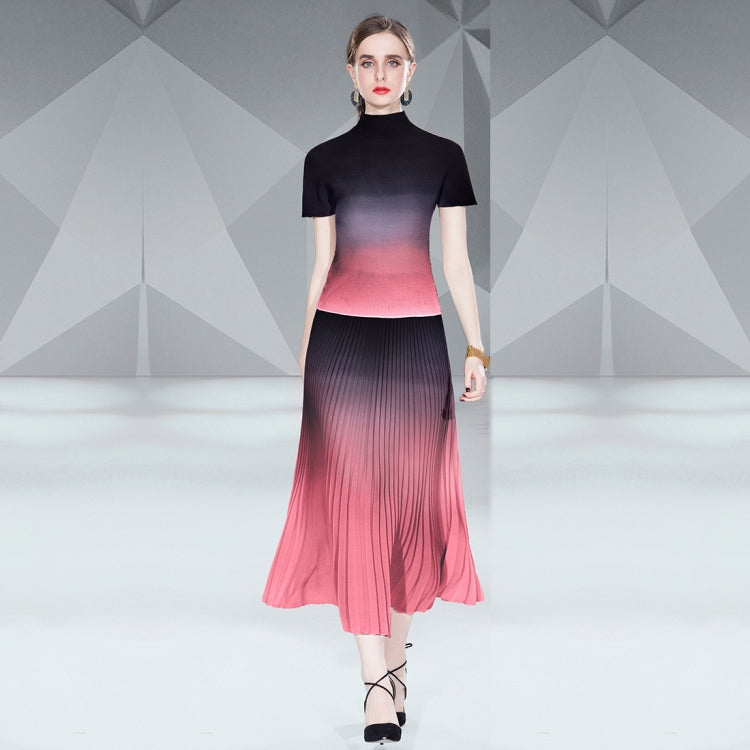 Gradient Smudge Top Shirt Long Pleated Flowy Skirt Two Piece Set, Size: