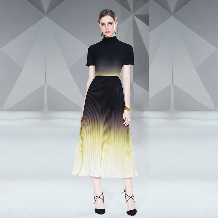 Gradient Smudge Top Shirt Long Pleated Flowy Skirt Two Piece Set, Size: