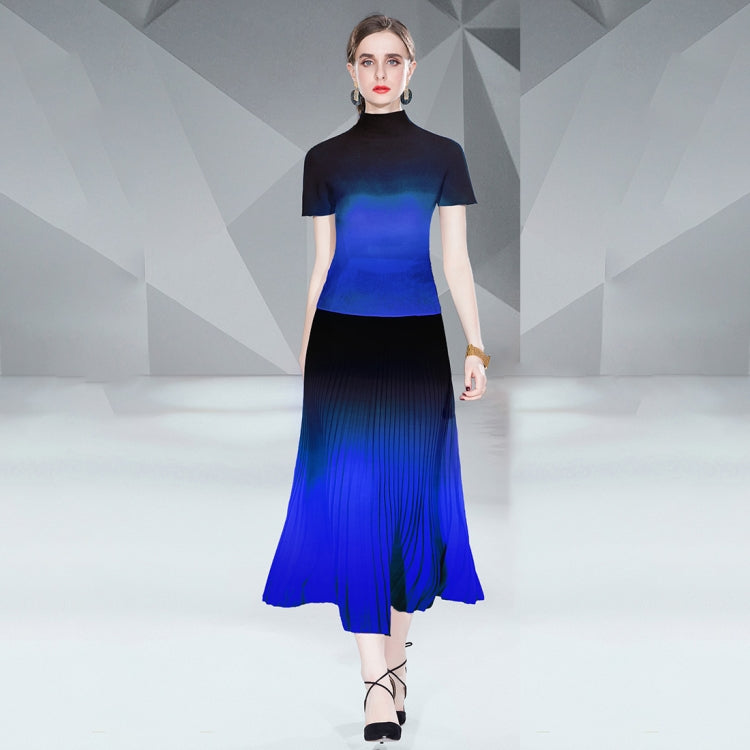 Gradient Smudge Top Shirt Long Pleated Flowy Skirt Two Piece Set, Size: