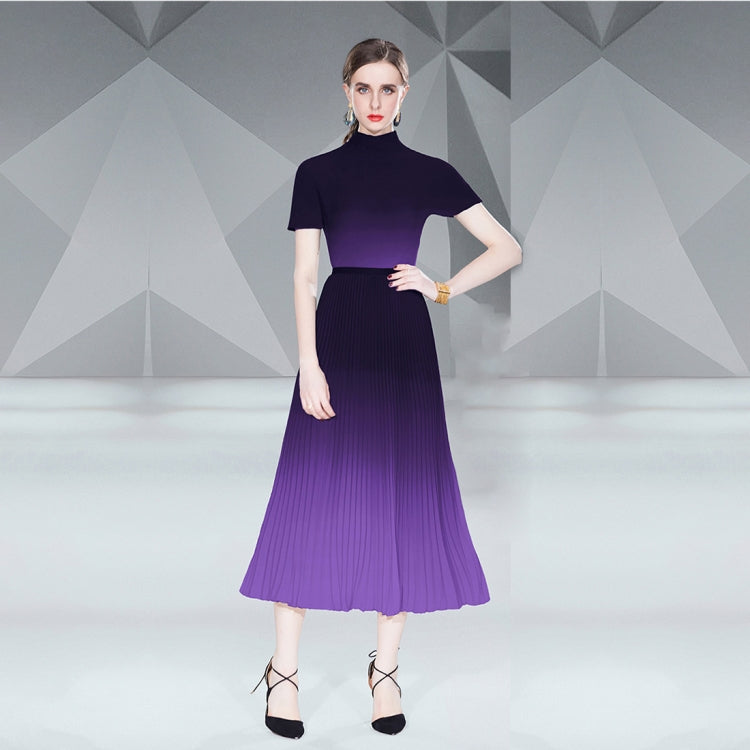 Gradient Smudge Top Shirt Long Pleated Flowy Skirt Two Piece Set, Size: