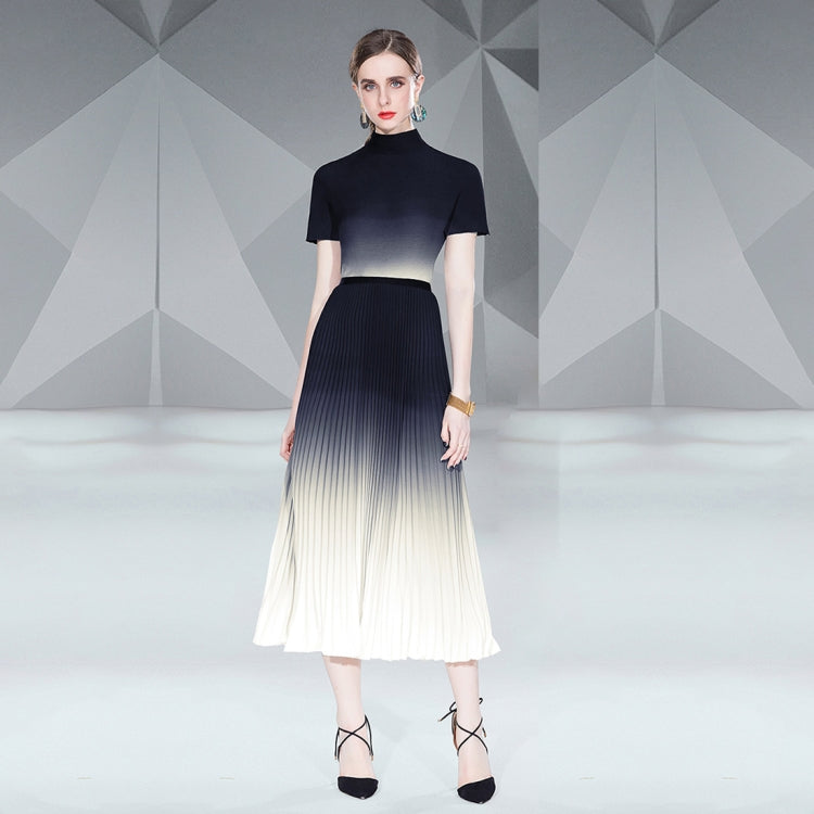 Gradient Smudge Top Shirt Long Pleated Flowy Skirt Two Piece Set, Size: